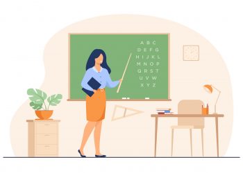 Teacher standing near blackboard and holding stick isolated flat vector illustration. Cartoon woman character near chalkboard and pointing on alphabet. School and learning concept