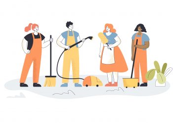 Team of cleaning staff in apartment. People in uniform, man with vacuum, woman with broom flat vector illustration. Cleaning company or service concept for banner, website design or landing web page